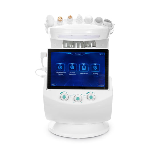 Shape Tactics 7-in-1 ultrasound RF facial machine with built-in skin analysis – straight-on front view of the touchscreen